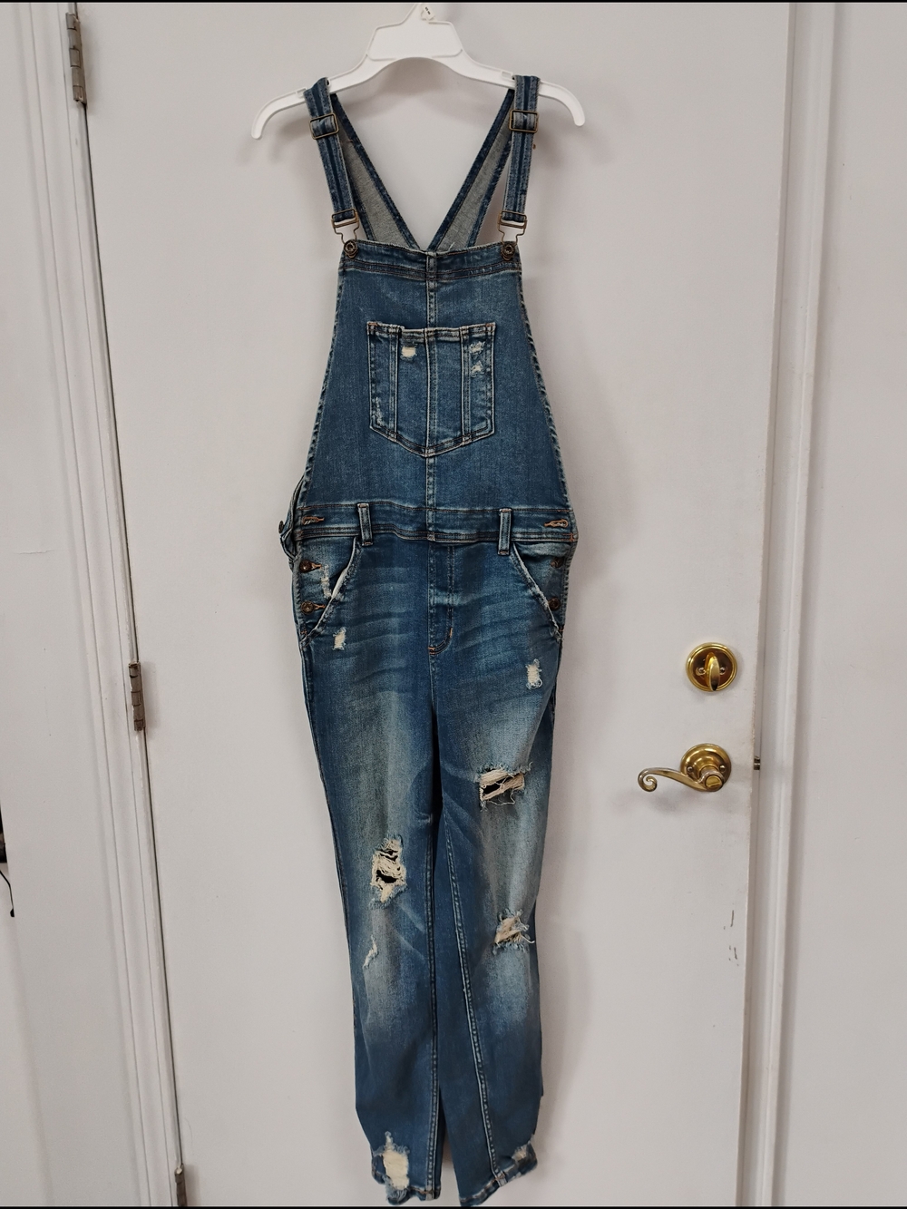 Sneak Peek Distressed Denim Overalls Size Medium Blue Jean Bib Jumpsuit